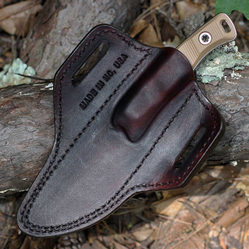 Microtech Akris 95-10DE-1 — handcrafted dark chocolate leather sheath, North Carolina made, belt loop carry, dark earth brown colorway