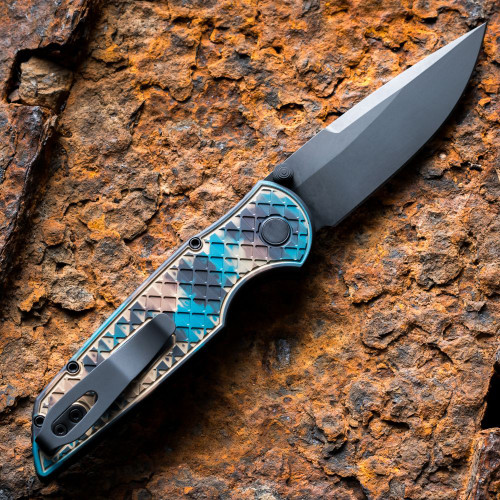 Pro-Tech TR-3 Integrity Shipwreck INT1106-SHIPWRECK — open, DLC black CPM-MagnaCut blade extended, Shipwreck relic anodized handle