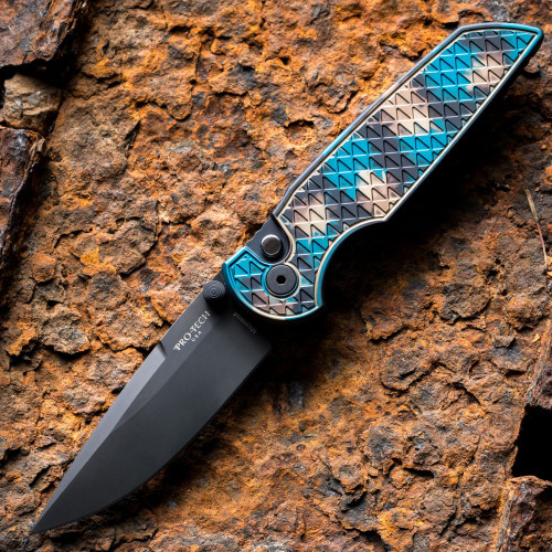 Pro-Tech TR-3 Integrity Shipwreck INT1106-SHIPWRECK — closed, relic patina copper and teal anodized handle, DLC black deep carry clip