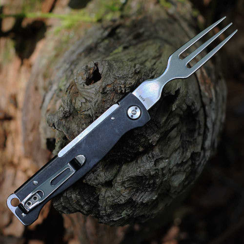 Boker Plus Atlas Fork 09BP0019 open — stainless steel tines, blackwash stainless handle, slip joint, pocket clip, Atlas series