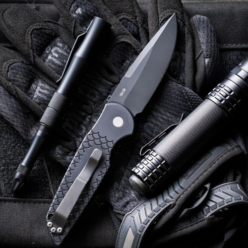Pro-Tech TR-3 X1 Military Issue TR-3 X1 M — open, fish scale handle texture and secondary slide safety detail, DLC black blade