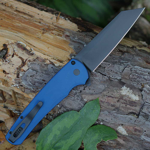 Pro-Tech Malibu PT5403-BLUE — back view open, ball bearing pivot and flipper tab detail, smooth blue aluminum handle, DLC black hardware