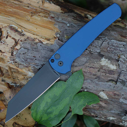 Pro-Tech Malibu PT5403-BLUE — front view open, DLC black CPM-MagnaCut reverse tanto blade extended, smooth blue anodized aluminum handle
