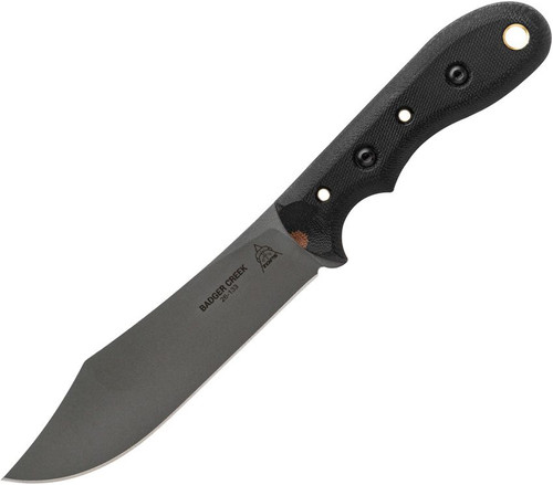 TOPS Badger Creek Bowie TPBRCK01 — front view, 6.00" Böhler N690Co stonewash clip point blade, contoured black canvas Micarta handle