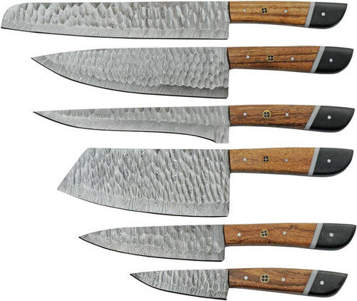 Damascus Saddlewood Kitchen Set DM1398 — 6-piece layered Damascus steel culinary knives displayed, Saddlewood black Micarta handles