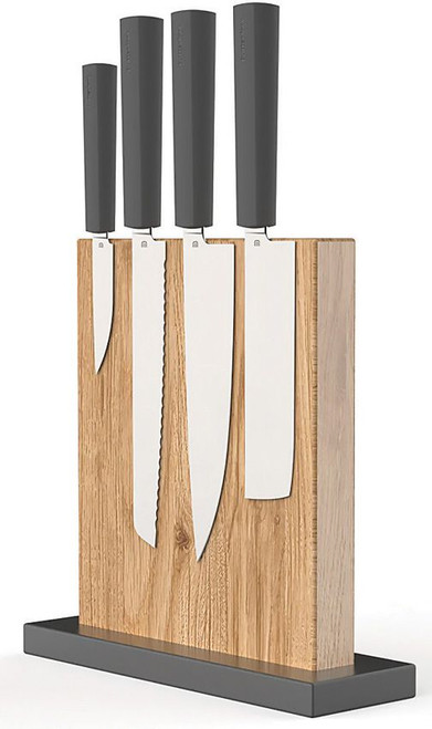 Butterfork Modern Kitchen Set BF01WSDG — chef, bread, Nakiri, and paring knives on magnetic oak stand, dark gray interchangeable ABS handles