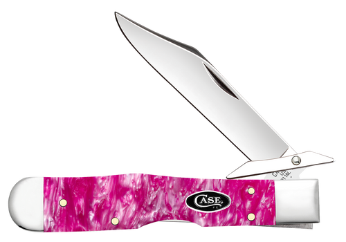 Case Cheetah Cub (16166) shown in the closed position against a white background. The handle is smooth Pink Crackle Kirinite with color depth and surface variation visible across the acrylic composite. Nickel silver bolsters are visible at both ends and the Case shield inlay sits at the center of the handle scale. The nail nick on the mirror polished Tru-Sharp stainless clip point blade is visible at the pivot. The swing guard is visible at the bolster. The lockback spine is visible on the handle.