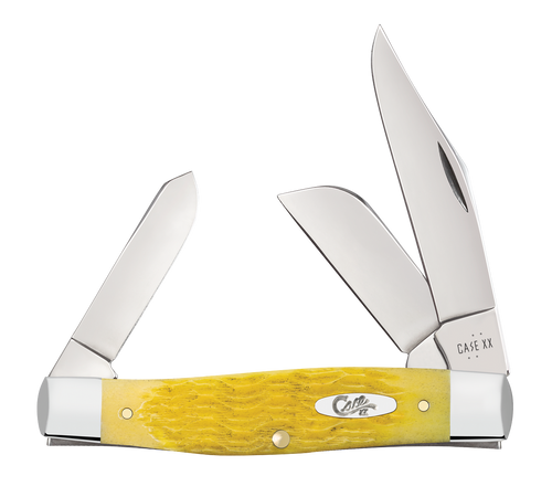 Case Large Stockman 75311 yellow Platts jig bone handle closed, clip sheepfoot spey blades folding knife