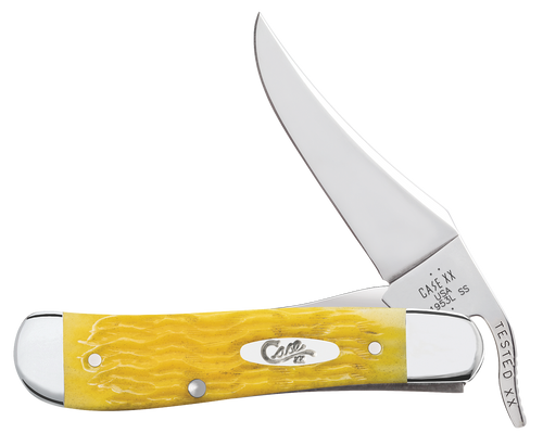 Case RussLock 75315 yellow Platts jig bone handle closed, clip point linerlock folding knife