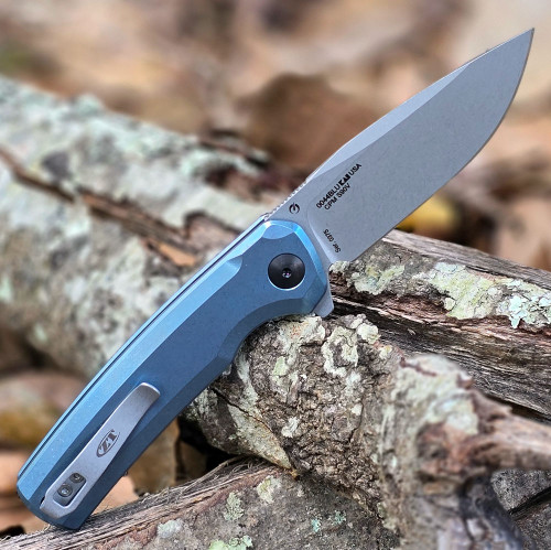 Zero Tolerance 0044 Button Lock Flipper - 3.20" CPM-S90V Stonewash Blade, Blue Titanium Handle - 0044BLU