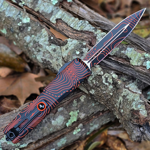 Microtech Ultratech Gen IV Signature Series OTF - 3.55" M390 Double-Edge Dagger Blade, Black/Orange Topographic Camo - 11224-1TPBKORCS