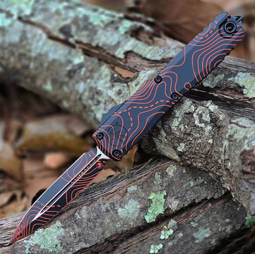 Microtech Ultratech Gen IV Signature Series OTF - 3.55" M390 Double-Edge Dagger Blade, Black/Orange Topographic Camo - 11224-1TPBKORCS
