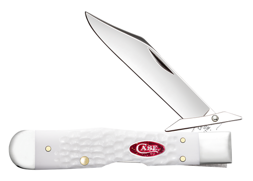 Case Cheetah Cub SparXX pocket knife (60177) shown against a plain background, featuring a Standard Jigged White Synthetic handle, highly polished scored nickel silver bolsters, a vibrant red SparXX oval Case shield, a rotating swing guard at the base of the blade, and a mirror-polished clip point blade in Tru-Sharp Surgical Stainless Steel.