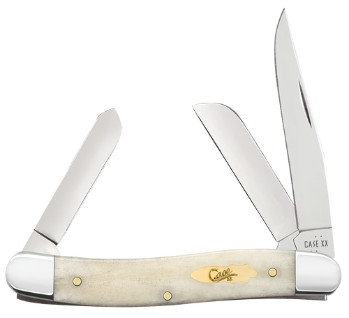 Case Medium Stockman pocket knife (11021) shown against a plain background, featuring a Smooth Natural Bone handle, highly polished nickel silver bolsters, a brass bombshell script inlay shield, and three mirror-polished blades — a clip point, sheepsfoot, and spey blade — in Tru-Sharp Surgical Stainless Steel.