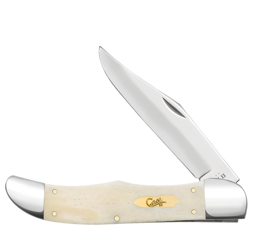 Case Large Folding Hunter pocket knife (11024) shown against a plain background, featuring a Smooth Natural Bone handle over brass liners and pins, highly polished nickel silver bolsters, a brass bombshell script inlay shield, and a 4.00-inch mirror-polished clip point blade in Tru-Sharp Surgical Stainless Steel.