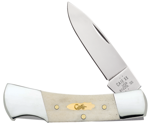 Case Lockback pocket knife (11026) shown against a plain background, featuring a Smooth Natural Bone handle, highly polished nickel silver bolsters, a brass bombshell script inlay shield, and a 2.25-inch mirror-polished drop point blade in Tru-Sharp Surgical Stainless Steel.