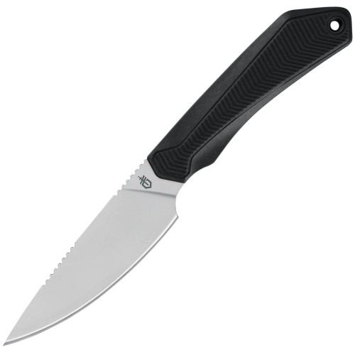 Gerber Forefront Fixed 2009298 4.06 Inch 420HC Stainless Steel Stonewash Drop Point Fixed Blade with Black GFN Rubber Overmold Handle Full Length Blade Out Right Side View