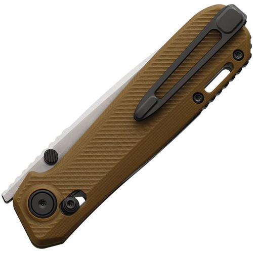 Karbon Terminal G10 folding knife in brown G10, closed position showing pocket clip and crossbar lock