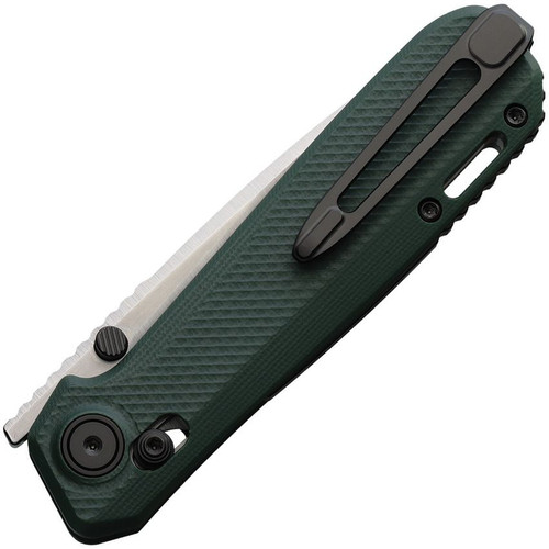 Karbon Terminal G10 folding knife in OD green, closed view showing pocket clip and pivot pin