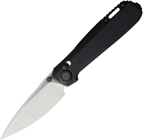 Karbon Terminal G10 folding knife in black, fully open showing silver satin drop point blade