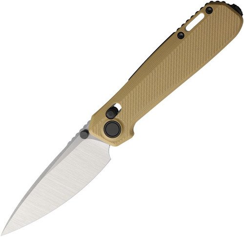 Karbon Terminal G10 folding knife in desert tan, fully open showing silver satin drop point blade