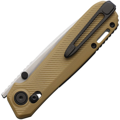 Karbon Terminal G10 folding knife in desert tan, closed view showing pocket clip and crossbar lock
