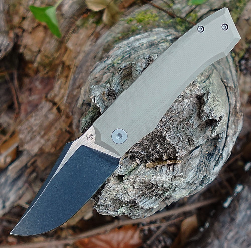 Boker Plus Kazy 01BP0068 open — Nitro-V black oxide harpoon blade, Coyote Tan G-10 handle, front flipper, Liner Lock, Gabriel Berthelemy design