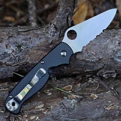 Spyderco ButtonUp C275CFPS 8Cr13MoV full flat grind modified clip point — satin, 3.27 in, 0.118 in thick, plain edge, ball-bearing pivot