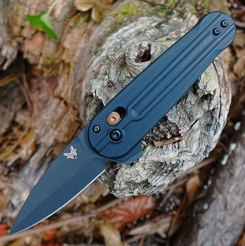 Benchmade Lowden 491BK-02 open — CPM-S90V Cerakote black spear point, black milled G-10, Burnt Copper hardware, AXIS Lock flipper