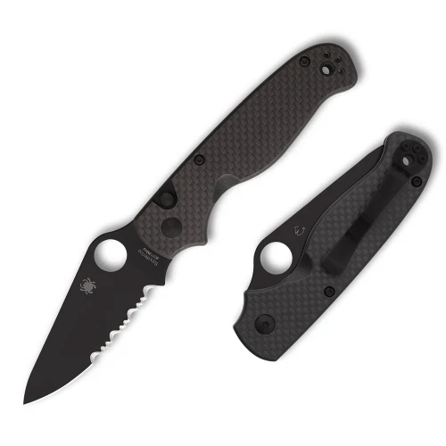 A Spyderco ButtonUp Black Carbon Fiber/G-10 folding knife shown with the blade deployed, highlighting the 8Cr13MoV black oxide CombinationEdge blade alongside the carbon fiber/G-10 laminate handle and reversible hourglass clip.