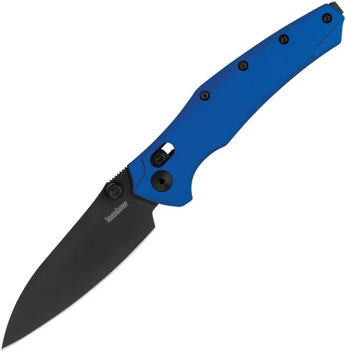 A Kershaw Bareknuckle DuraLock Blue folding knife shown with the blade deployed, highlighting the CPM MagnaCut modified sheepsfoot blade's black PVD finish alongside the Blue anodized aluminum handle and reversible deep-carry pocket clip.