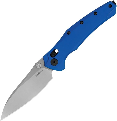 A Kershaw Bareknuckle DuraLock Blue folding knife shown with the blade deployed, highlighting the CPM MagnaCut modified sheepsfoot blade's stonewash finish alongside the Blue anodized aluminum handle and reversible deep-carry pocket clip.