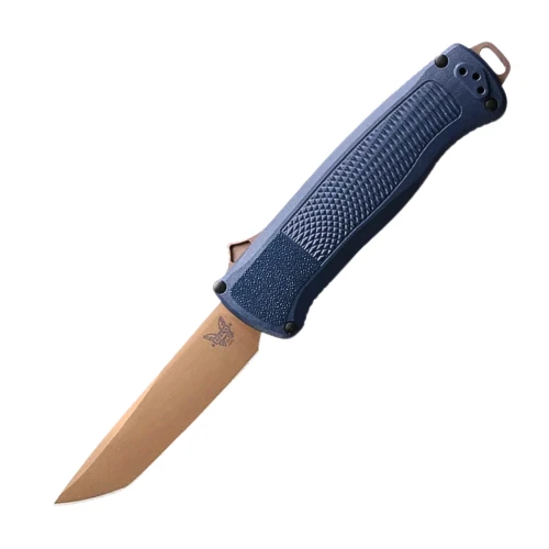 A Benchmade Shootout Crater Blue out-the-front automatic knife shown with the blade deployed, highlighting the S30V Flat Dark Earth PVD tanto blade alongside the Crater Blue Grivory handle and lanyard pommel.
