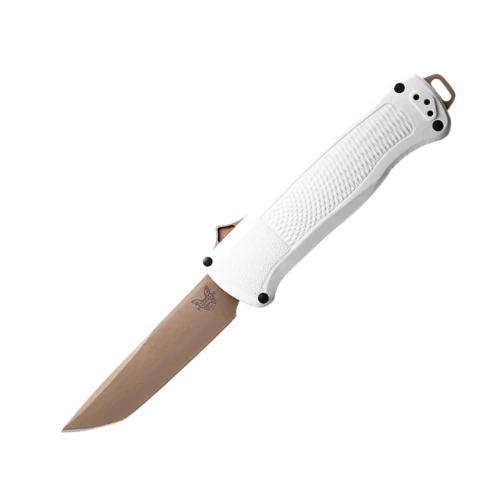 A Benchmade Shootout Cool Gray out-the-front automatic knife shown with the blade deployed, highlighting the S30V Flat Dark Earth PVD tanto blade alongside the Cool Gray Grivory handle and FDE slider switch.