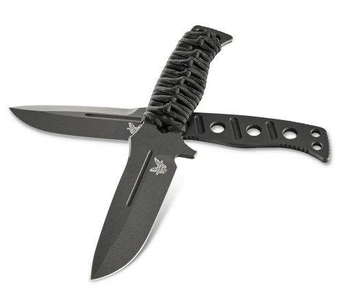 A Benchmade Fixed Adamas fixed blade knife shown alongside its black PIM sheath and MALICE CLIPS, highlighting the MagnaCut Cobalt Black Cerakote drop-point blade and skeletonized handle wrapped with black paracord.