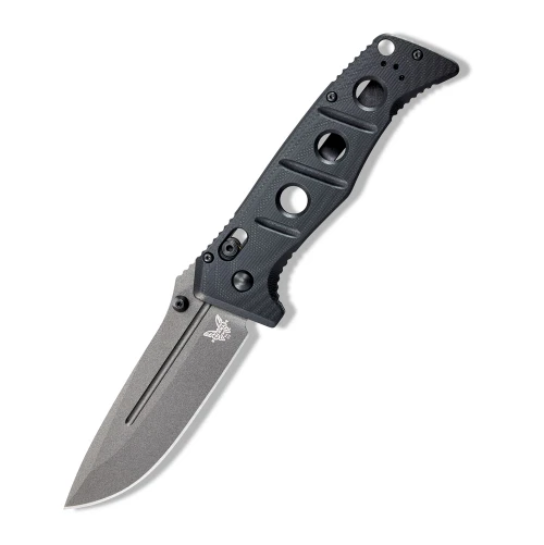 The Benchmade Adamas Black G10 275GY-03 is shown open, featuring a 3.82-inch Tungsten Gray Cerakote CPM-MagnaCut drop point blade extending from a Black G-10 handle with full-length stainless steel liners, dual thumb studs, and AXIS Lock.