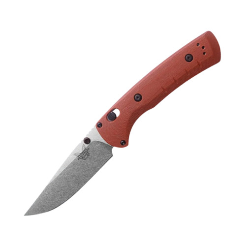 The Benchmade SlipRidge™ folder (15090-01) shown with its 3.5-inch CPM MagnaCut stainless modified clip-point blade in a satin finish, Rust Orange G10 handle scales, and its deep carry black pocket clip. The AXIS Lock bar and contoured pinch points on the spine are visible, along with the full liner construction underneath the removable G10 scales.