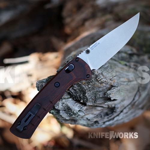 Benchmade Hunt SlipRidge Fixed Blade 15090 with 3.50" CPM-S30V satin drop point blade, Richlite wood handle, and leather sheath, side view