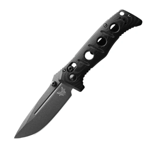 The Benchmade Mini Adamas® (273GY-04) shown with its 3.25-inch CPM MagnaCut drop-point blade finished in Tungsten Gray Cerakote®, black G10 handle scales over full-length stainless steel liners, and its tip-up deep carry black oxide pocket clip. The AXIS Lock bar is visible along the spine of this compact take on the full-size Adamas® platform.