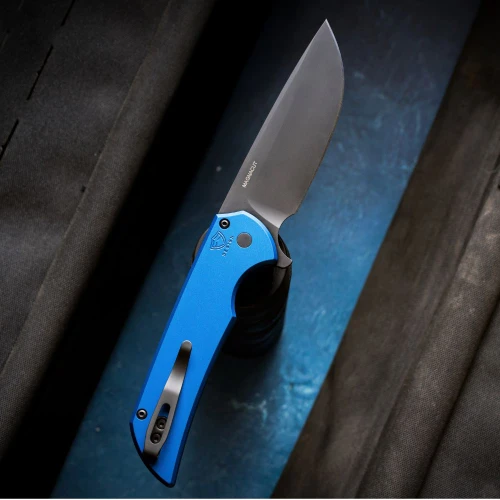 Pro-Tech Mordax Limited Blue MX103-LTD CPM MagnaCut DLC Black Drop Point Blade Open Detail View