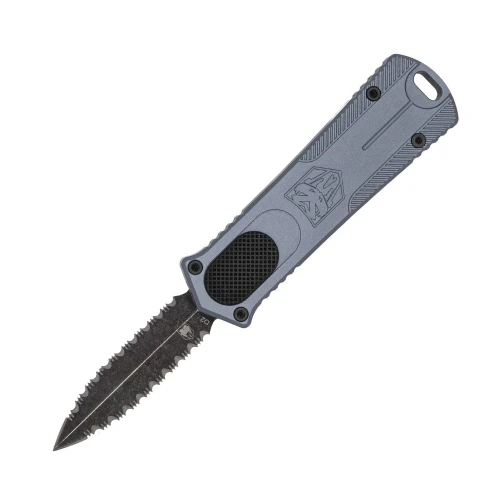 The CobraTec OTF 952 Gen II shown with its 2.0-inch D2 double-edge serrated dagger blade in a black stonewash finish, grey anodized 6061-T6 aluminum handle, sturdy pocket clip, and lanyard hole. ⚠️ This is both an OTF automatic and a double-edged blade — verify legal status in your jurisdiction before purchasing.