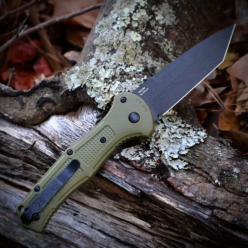 Benchmade Mini Claymore Auto Ranger Green 9071BK-03 with 3.00" CPM-D2 black Cerakote plain blade and Ranger Green Grivory handle, open view