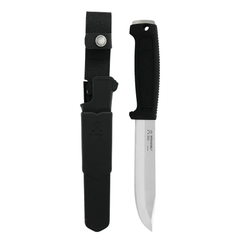 The Morakniv Mörkret (S) (14557) shown with its 153 mm (6.0") full-tang 14C28N Swedish stainless steel blade with High Flat grind, Power Touch Grip handle with finger guard and lanyard hole, and its ambidextrous black Click-On sheath.