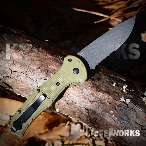Benchmade Claymore Auto Ranger Green 9070SBK-03 with 3.60" CPM-D2 black Cerakote partially serrated blade and Ranger Green Grivory handle, open view