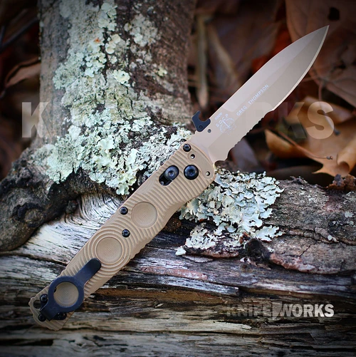 Benchmade Mini SOCP Tactical Folder 393SSN-01 with 2.87" CPM-D2 FDE plain spear point blade and Desert Tan aluminum handle with retention ring, open view