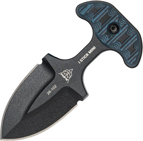 The TOPS I Stick Mini ISTKM-01 is shown with its black Kydex sheath against a white background. The black-coated double-edged blade extends from a blue and black G-10 T-handle.