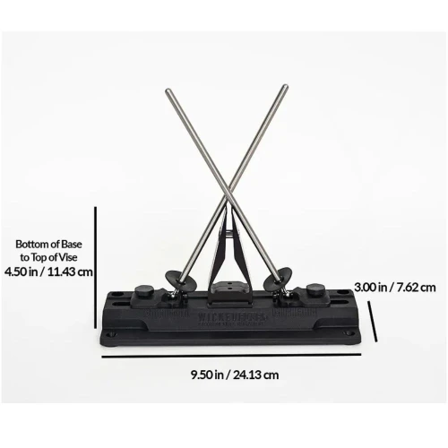 Wicked Edge Carbon WE40 knife sharpener with black base, clamping vise, and guide rods with diamond stones