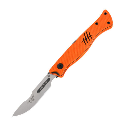 The Hogue Expel Folding Scalpel Waterfowl 35844 is shown open, with its 2.9-inch satin 420SS CP60 blade extending from an Orange/Black ChromaCut G-10 handle with HH Slash engraving and black hardware.