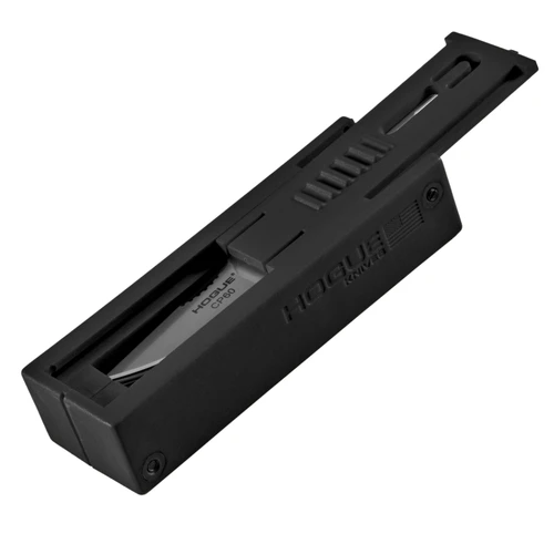 The Hogue Expel CP60 Black Blade Dispenser 35801 is shown with its black polymer housing pre-loaded with five 420SS Control Point 60 replaceable blades.