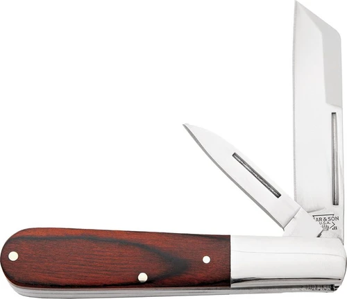 The Bear & Son BC2280R Barlow is shown with its satin sheepfoot and pen blades open, set in a rosewood handle with a long nickel silver bolster.